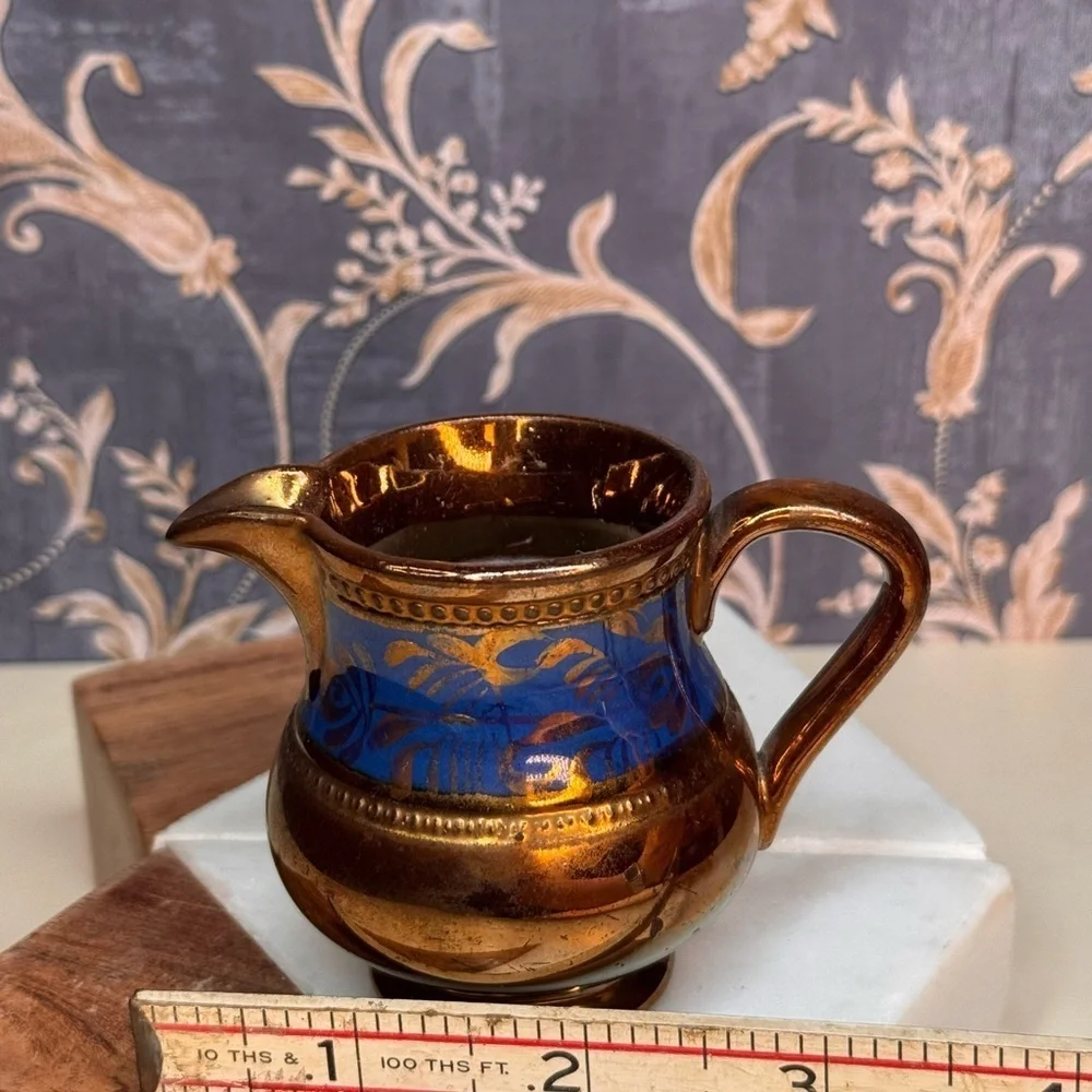 Antique 19th C English Copper Luster Blue Floral Band 3 1/4
